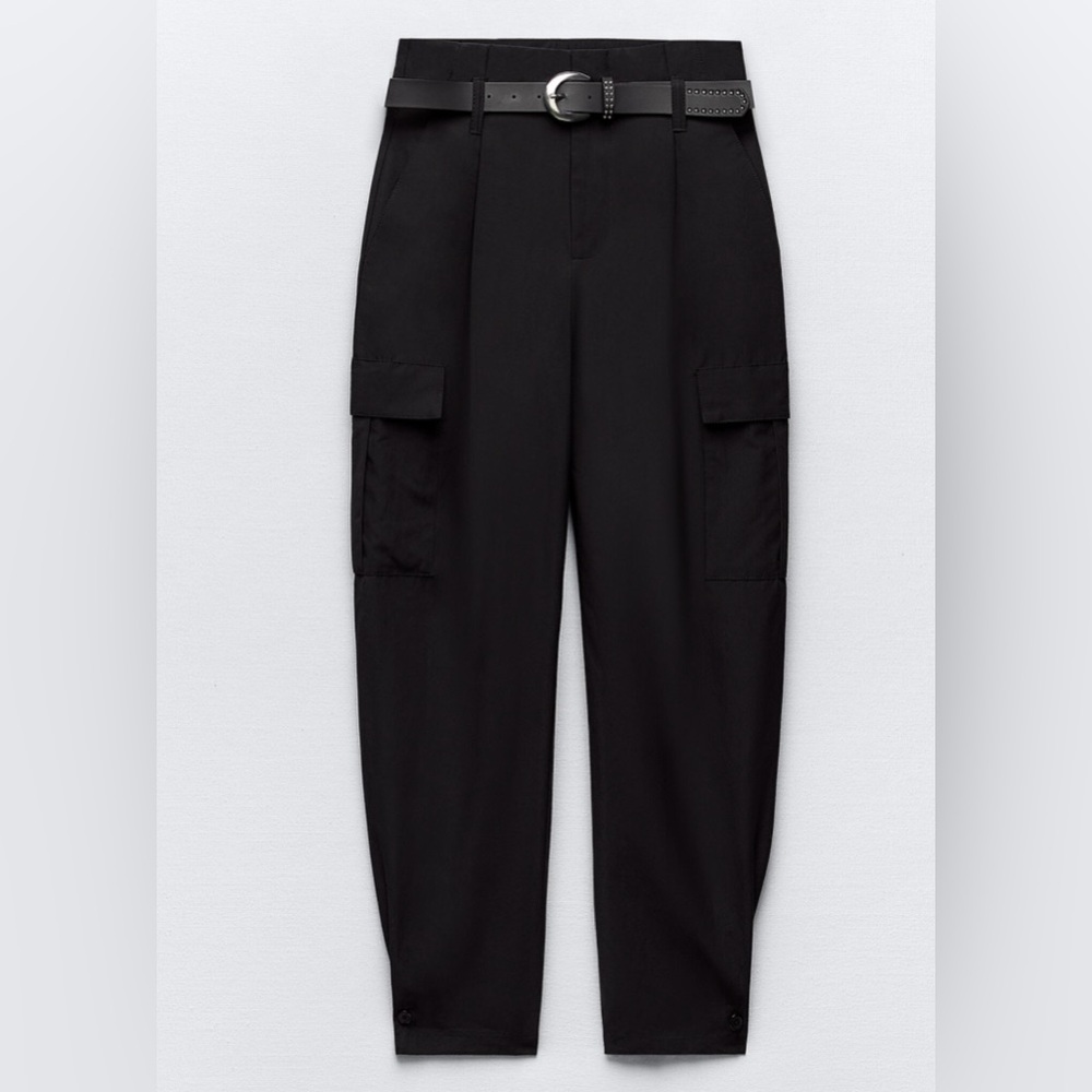 Zara Paperbag Pants Large High Waist Pleated Cargo Pinned Leg Black 31x27